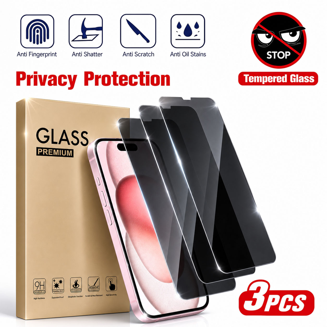 Anti Spy Privacy Glass Case - 3개입 프라이버시 스크린 보호 필름, 애플