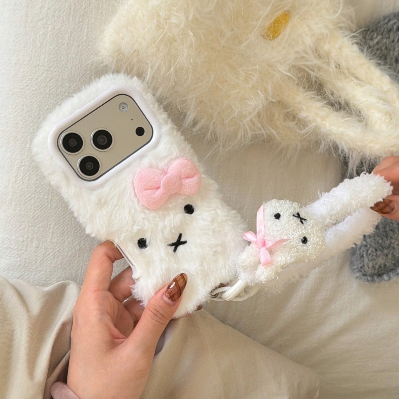 Cute Cartoon Wrist Strap Silicone Case - 귀여운 만화 흰색 털복숭이 미피 폰