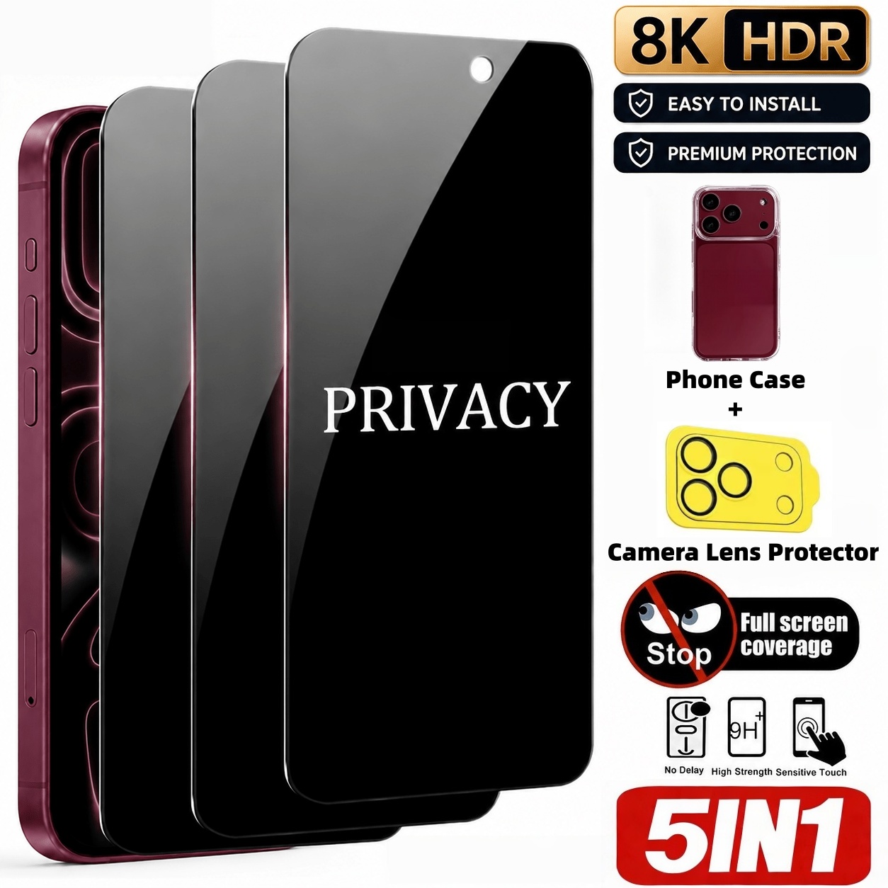 Anti Spy Privacy Glass Case - [5개 세트] 프라이버시 강화유리 화면 보호