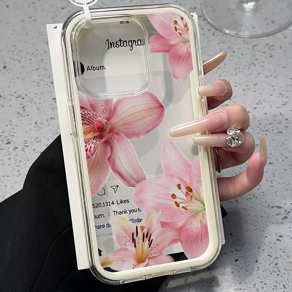 Clear Shockproof Bumper Case - 핑크 릴리 플라워 투명 폰 케이스