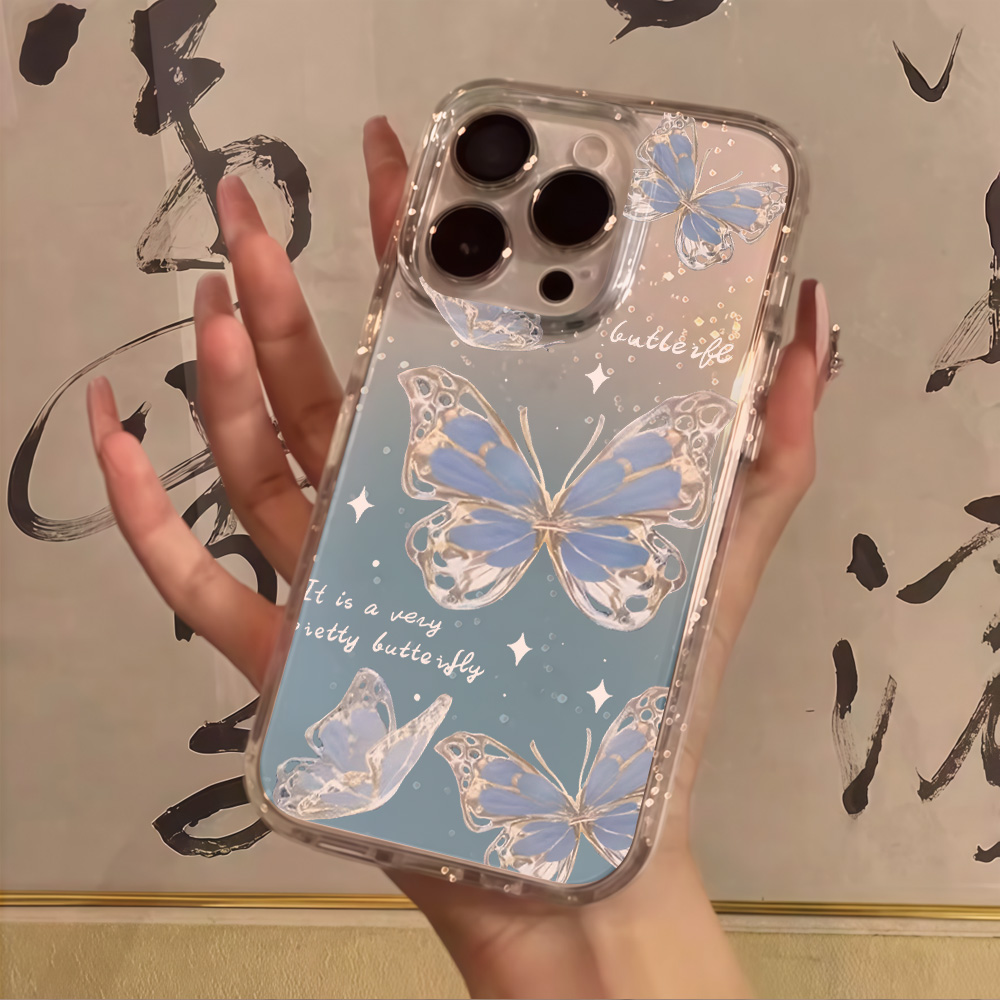 Clear Shockproof Bumper Case - 럭셔리 블루 버터플라이 투명 글리터 폰